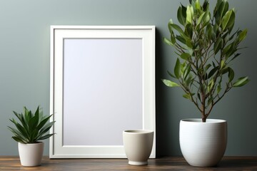 blank white frame with a poster mockup on a wooden table with green plants, a Photo frame on wall with a living room setting, a blank frame mockup on a wooden table with gray background, poster mockup