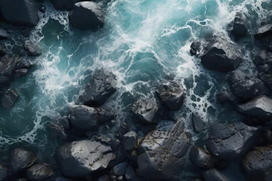 Aerial view of sea and rocks, ocean blue waves crashing on shore,Aerial top view of blue ocean water, seabed topography near sea shore, ocean top view wallpaper, HD background wallpaper, background hd