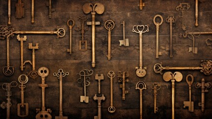 Background with antique old keys in Brown color
