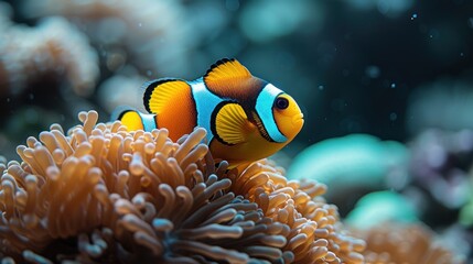 a clown fish sitting on top of an orange and white sea anemone in a sea anemone.