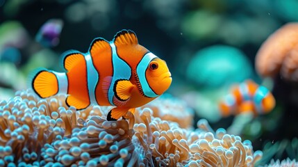 a close up of a clownfish on a coral with anemone in the foreground and anemone in the background.