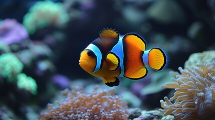 an orange and blue clown fish swimming in an aquarium with anemone and anemone anemone.