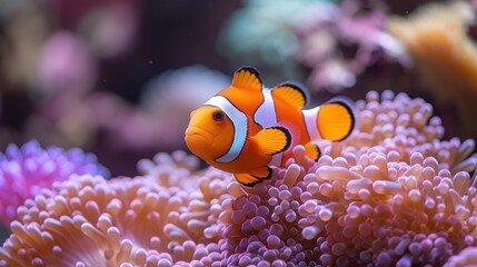 Fototapeta na wymiar an orange and white clown fish sitting on top of a sea anemone in a sea anemone.