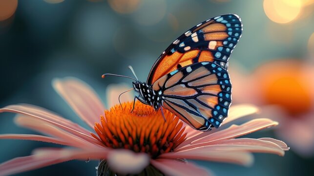 a close up of a butterfly on a flower with blurry lights in the background and a blurry image of a flower in the foreground.