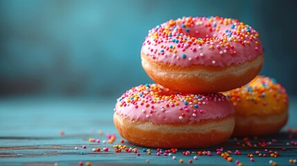 three donuts with pink frosting and sprinkles on a blue surface with a blurry background. - obrazy, fototapety, plakaty