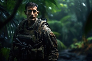 Obraz premium Portrait of a serious soldier standing in the middle of a forest, A geared-up soldier portrait in the forest, Portrait of a European army soldier in the ranks with selective focus