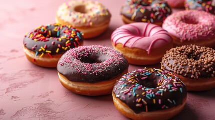 a group of doughnuts sitting on top of a pink table covered in frosting and sprinkles.