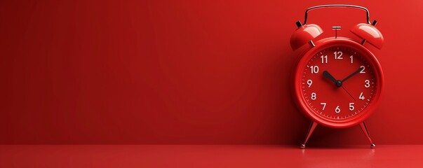 Alarm clock on red color background. Time change concept, copy space, extra wide.