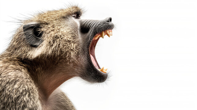 Portrait of a strong baboon looking away on an isolated white background. The angry monkey screams with its fanged mouth open. 