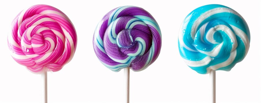 Set of 3 colorful swirl lollipops isolated on white background
