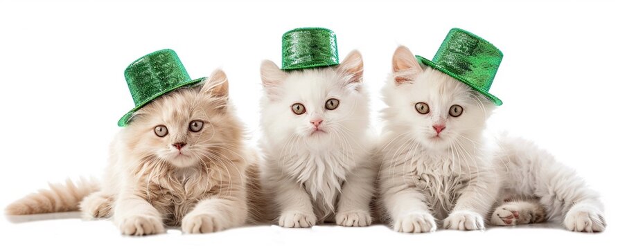 Three cute kittens cats wearing green hat for celebrating St Patrick's Day isolated on white background. Irish Day. Image or Irish Day holiday, event promotion or sale.