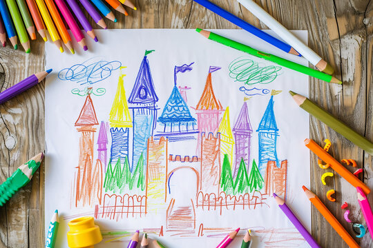 Enchanted castle with towers and a drawbridge 4 year old's simple scribble colorful juvenile crayon outline drawing