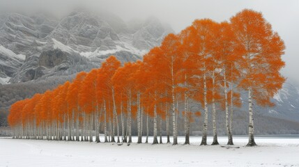 a row of trees in front of a mountain range with orange leaves on the trees and snow on the ground.