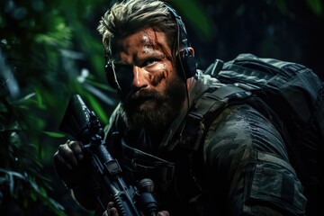 Obraz premium Portrait of a serious soldier standing in the middle of a forest, A geared-up soldier portrait in the forest, Portrait of a European army soldier in the ranks with selective focus