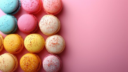 a group of colorful macaroons with sprinkles on them on a pink background with space for text.