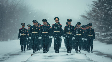 Soldados del ejercito chino en formación con los uniformes cubiertos de nieve - obrazy, fototapety, plakaty