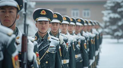 Soldados del ejercito chino en formación con los uniformes cubiertos de nieve - obrazy, fototapety, plakaty