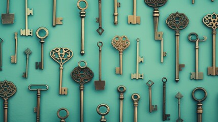 Obraz premium Background with antique old keys in Mint color