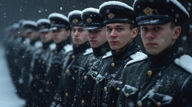 Soldados del ejercito ruso en formación con los uniformes cubiertos de nieve