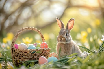 Happy Easter Eggs Basket Egg art. Bunny in flower easter pictogram decoration Garden. Cute hare 3d egg rolling easter rabbit spring illustration. Holy week Church card wallpaper Exquisite bouquet