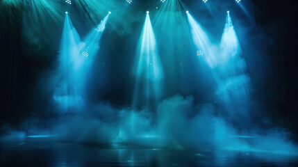 Empty stage or scene with spotlights and blue smoke effect as wallpaper background illustration	