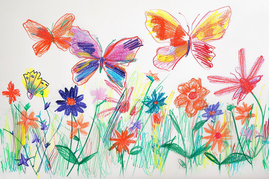 Butterfly garden with vibrant flowers 4 year old's simple scribble colorful juvenile crayon outline drawing