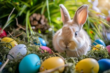 Happy Easter Eggs Basket Calvary. Bunny in flower easter Gospel decoration Garden. Cute hare 3d Mint Leaf Green easter rabbit spring illustration. Holy week Powder blue card wallpaper white space
