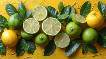 a group of lemons and limes with green leaves on a yellow background with leaves on a yellow background.