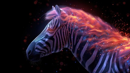 a close up of a zebra's head on a black background with a pattern of red and blue stars.