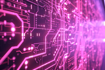 Intricate circuit board patterns sprawling across a wall, with bright neon lines and nodes, against a soft lavender background.