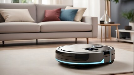 A state of the art robotic vacuum seamlessly cleaning a modern living room