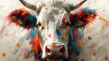 a painting of a cow with colorful paint splatters all over it's face and neck, with a tag on it's ear.