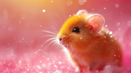 a close up of a small rodent on a pink and pink background with drops of water on its face.