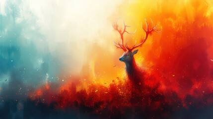 a painting of a deer with antlers on it's head in front of an orange and blue background.