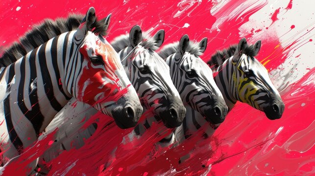 three zebras standing next to each other in front of a red and white paint splattered wall and floor.