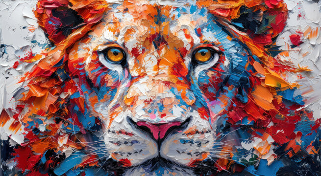 a painting of a lion's face with orange, blue, and red paint splattered on it.