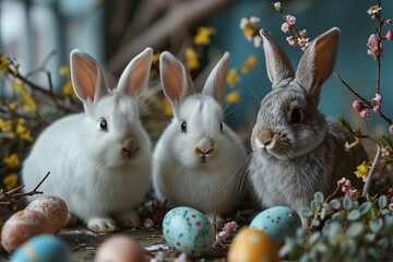 Fototapeta na wymiar Three cute fluffy bunnies sitting among Easter eggs and spring flowers greeting card style