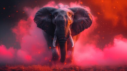 an elephant standing in the middle of a field with pink and red smoke coming out of it's back.