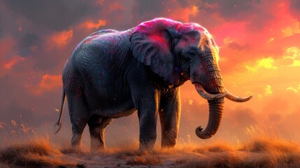 a painting of an elephant standing in a field with a sunset in the back ground and clouds in the background.