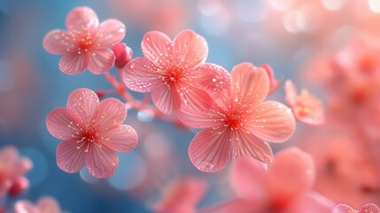 a bunch of pink flowers with drops of water on them in front of a blurry background of blue and pink.