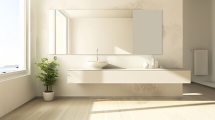 Fototapeta na wymiar Modern Minimalist Bathroom with Floating Vanity and Wall-length Mirror.