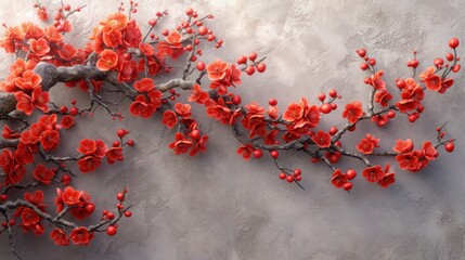 a bunch of red flowers on a branch on a gray and white wall with a branch with red flowers on it.