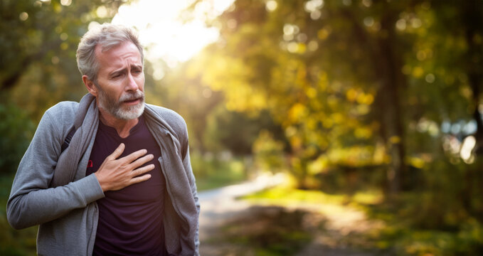 A mature man, bathed in sunlight, clutches his chest in pain, a stark depiction of a sudden heart attack or pressing health issue, capturing a moment of vulnerability.