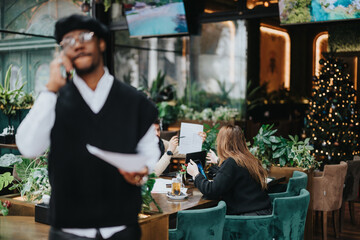 Focused young businessman in a beret holding documents, on a call in a lively cafe adorned with festive Christmas decor.