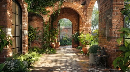 Fototapeta na wymiar arch and brick wall of a house surrounded by greenery and various plants. These elements create a sense of place and contribute to the overall aesthetic.