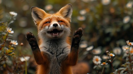 a close up of a fox standing on its hind legs with its mouth open and it's hands in the air.