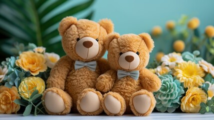 a couple of teddy bears sitting next to each other in front of a bouquet of flowers and a palm leaf.