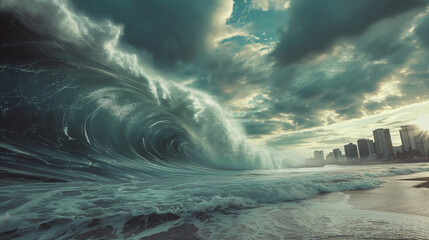 Huge tsunami wave in the ocean heading towards a city during a storm - obrazy, fototapety, plakaty