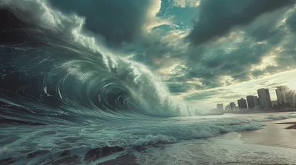 Poster Huge tsunami wave in the ocean heading towards a city during a storm © GeorgeAI