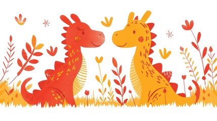 a couple of giraffe standing next to each other on top of a grass covered field with leaves and flowers.